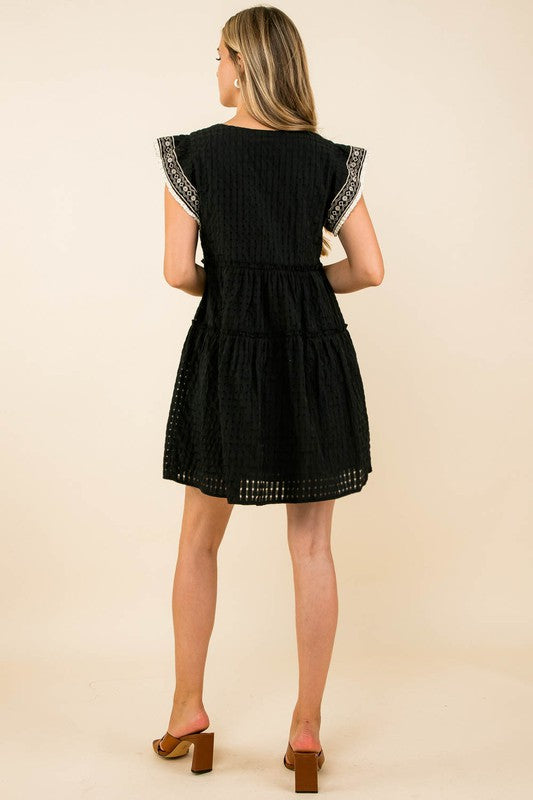 Black Embroidered Flutter Slv Dress Clothing THML   