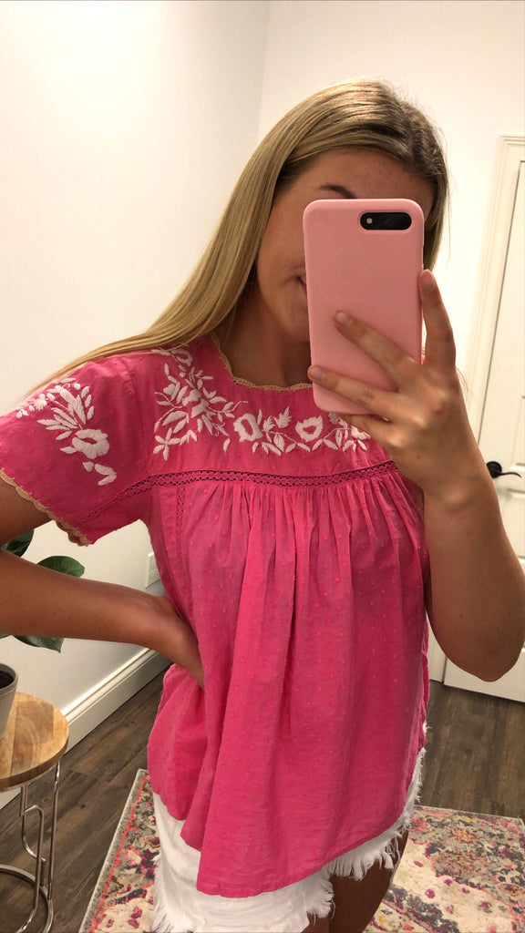 Square Neck Hot Pink Embroidery Babydoll Top Clothing THML   