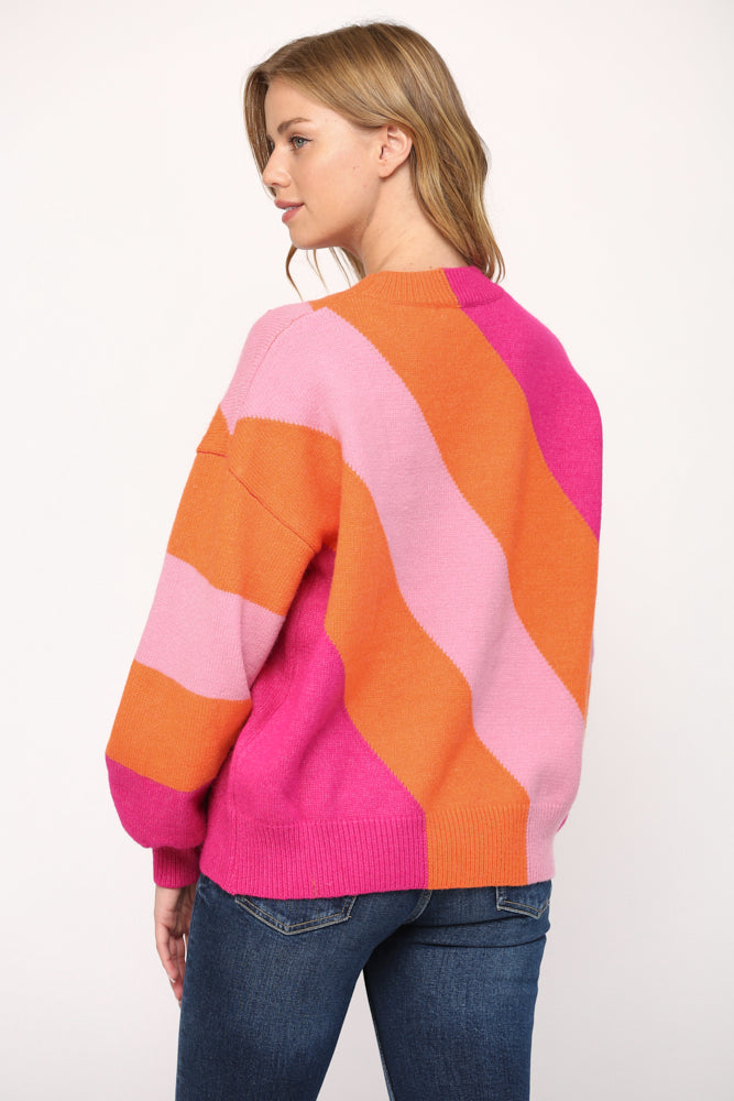 Multi Pink/Orange Striped Balloon Slv Sweater Clothing Fate   