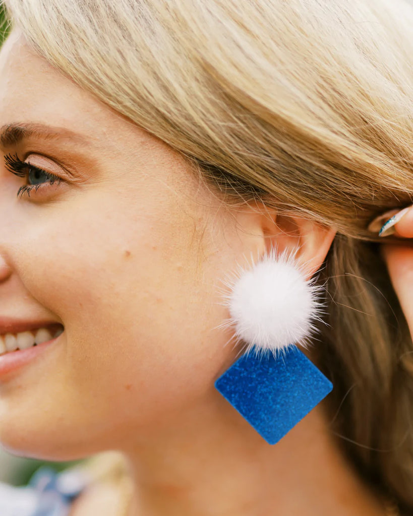 Blue/ White Puff Ball Earrings Jewelry Taylor Shaye Designs Square  