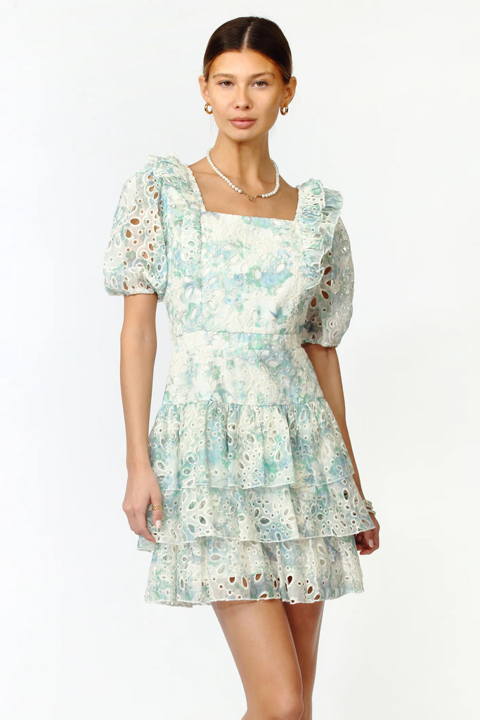 Mint Eyelet Printed Lace Puff Slv Dress Clothing Adelyn Rae   