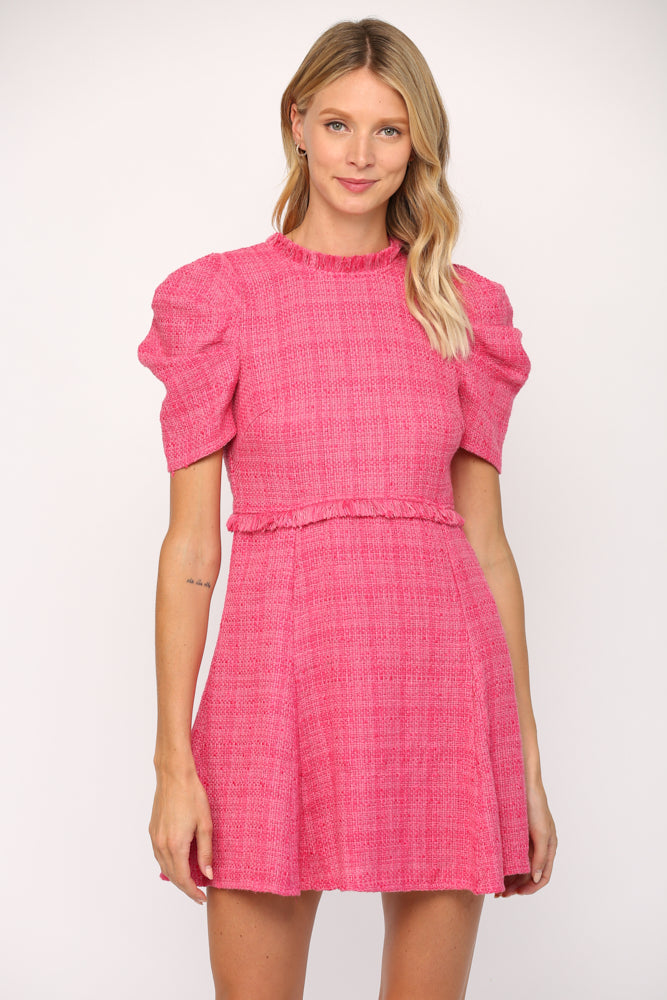 Pink Puff Slv Tweed Dress Clothing Fate   