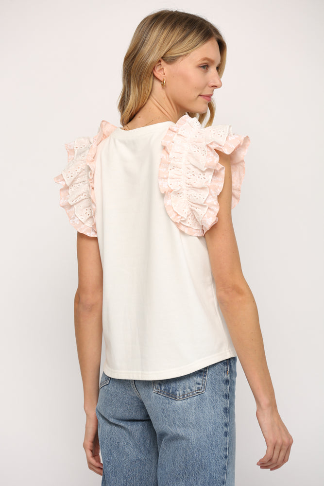 White W/ Pink Eyelet Double Ruffle Slv Top Clothing Fate   