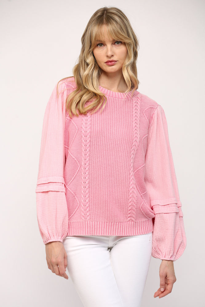 Pink Cable Knit Gauze Slv Top Clothing Fate   