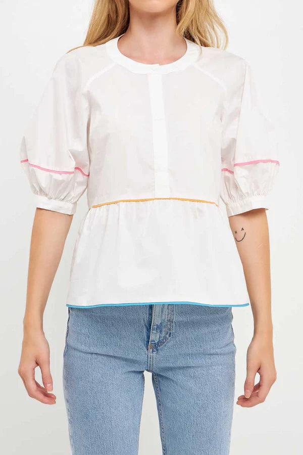 White Puff Slv Color Trim Top Clothing August Apparel   