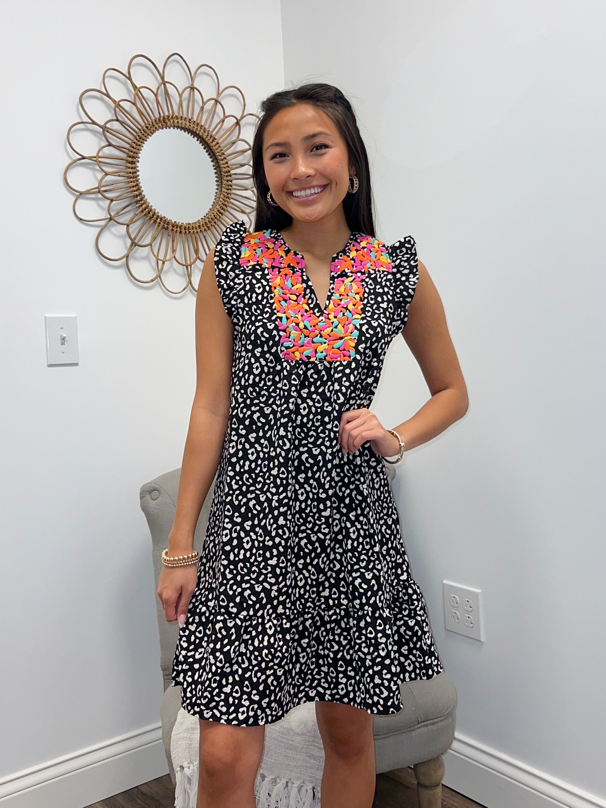 Black Leopard Print Multi Embroidery Neck Dress Black Leopard Print Multi Embroidery Neck Dress