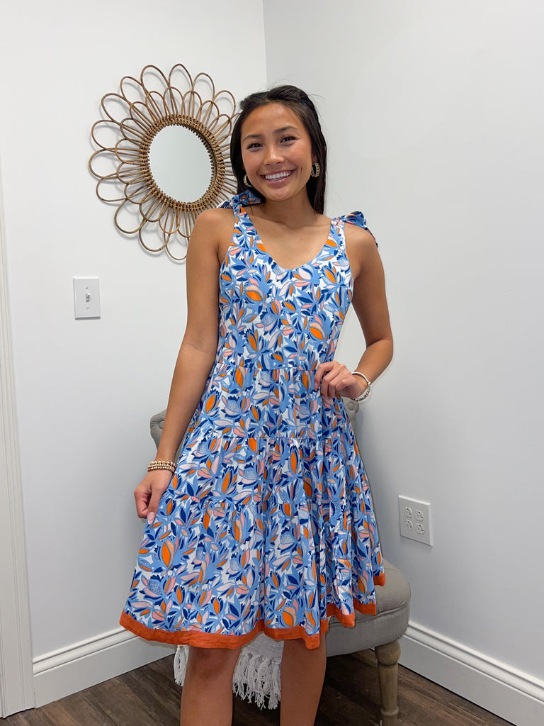 Blue Leaf Pattern Tie Strap Tiered Dress Clothing THML   