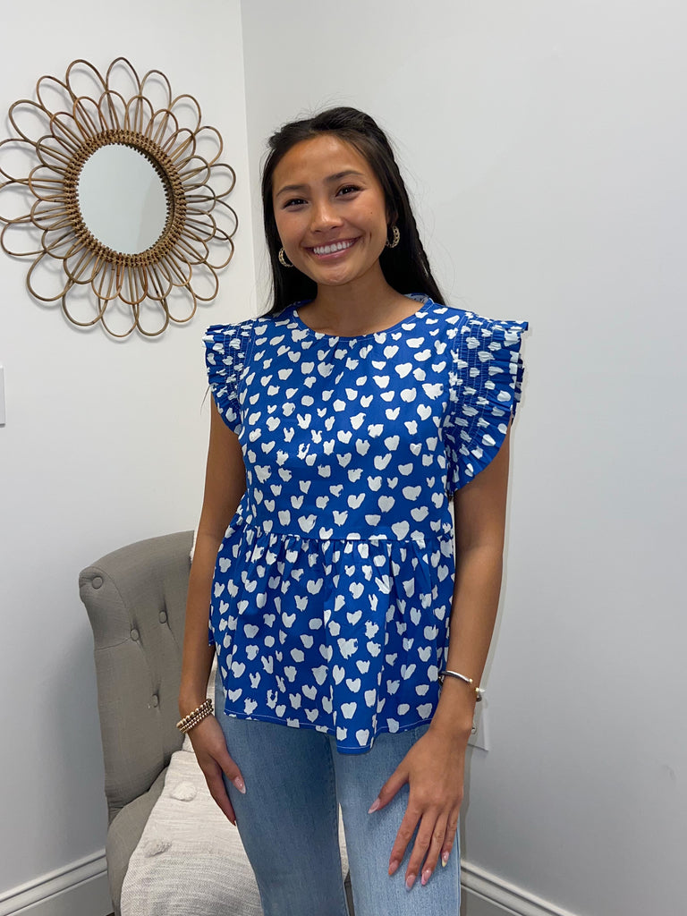 Blue Spotted Ruffle/Smock Slv Tiered Top Clothing THML   