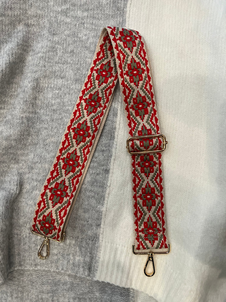 Embroidered Aztec Mix & Match Strap Accessory Ahdorned Red/Grey - Gold Metal  