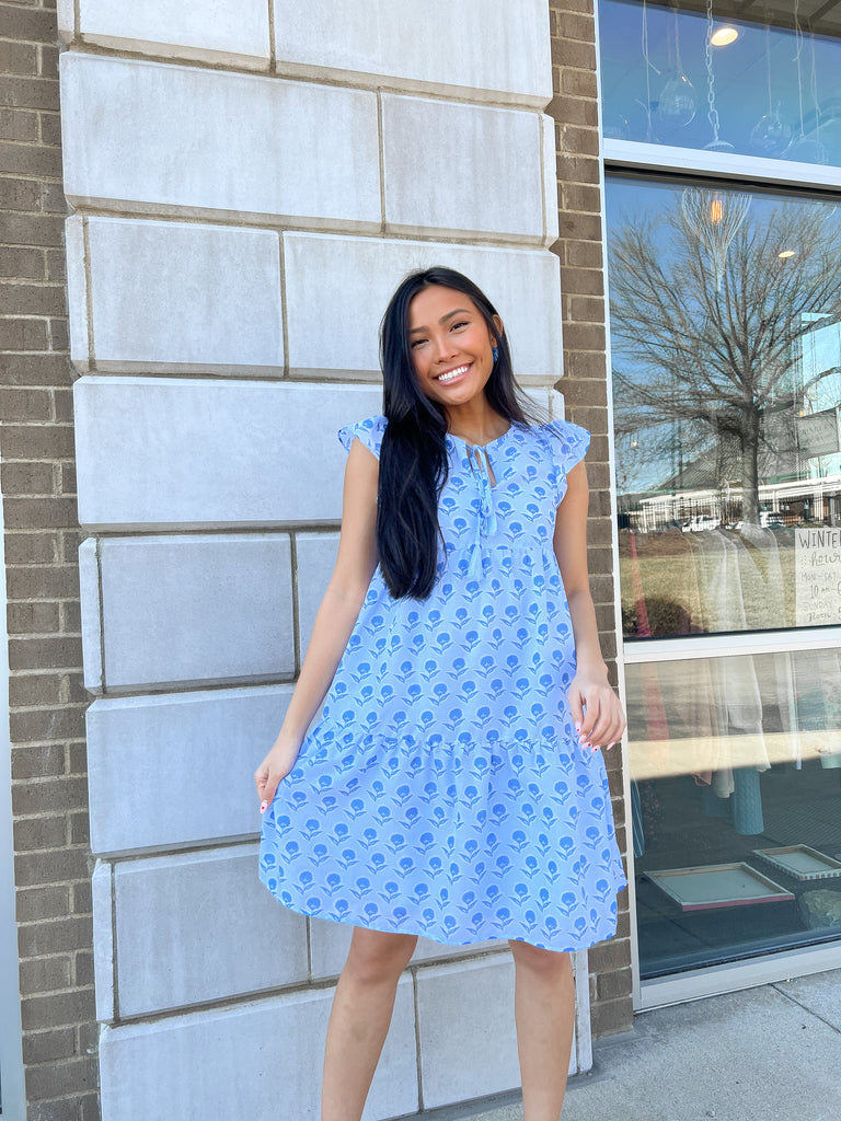 Blue Floral V Neck Tiered Ruffle Sleeve Dress Peacocks & Pearls Lexington Blue Floral V Neck Tiered Ruffle Sleeve Dress Peacocks & Pearls Lexington
