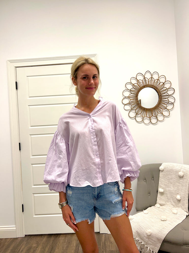 Lavender Frill Neck Balloon Slv Button Down Blouse Clothing Fate   