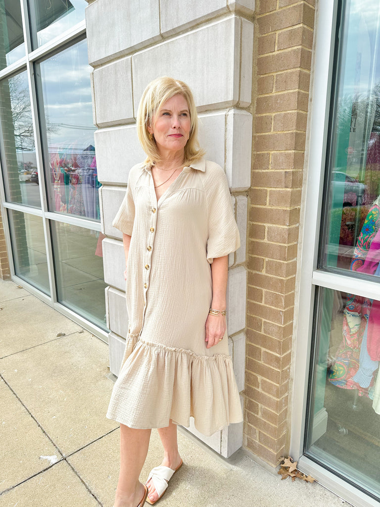 Taupe Button Down Gauze Dress Clothing KLD   