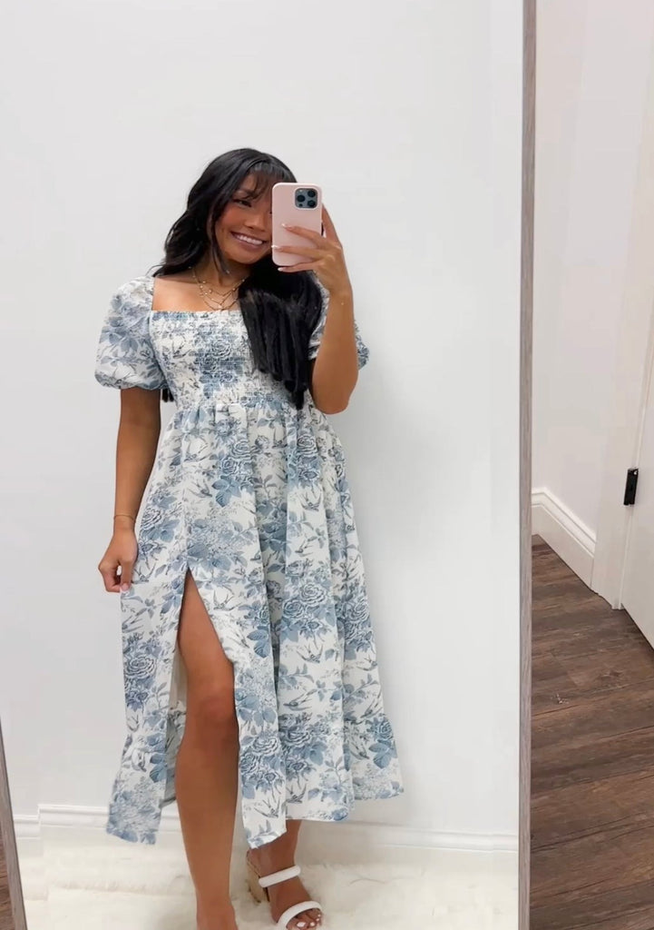 Blue/White Floral Puff Slv Smocked Midi Clothing Sundayup   