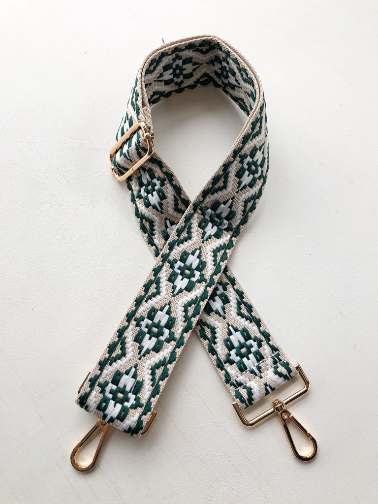 Embroidered Aztec Mix & Match Strap Accessory Ahdorned Dk. Green/White/Beige - Gold Metal  