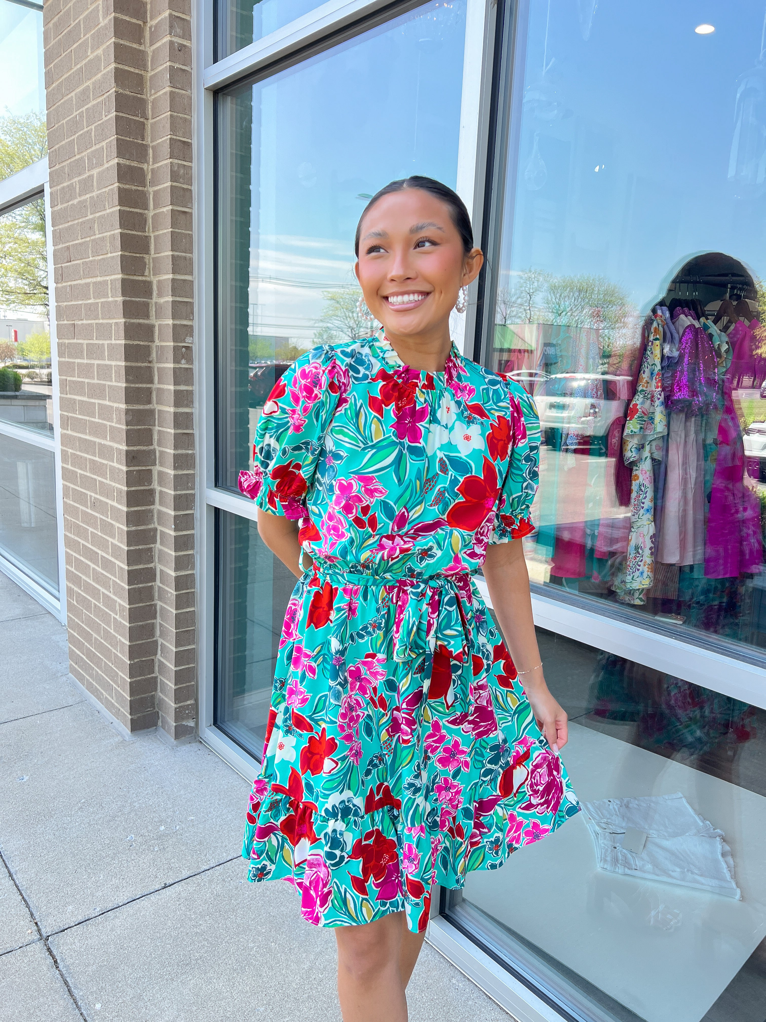 Green Floral Tie Belt Dress Peacocks & Pearls Lexington Green Floral Tie Belt Dress Peacocks & Pearls Lexington