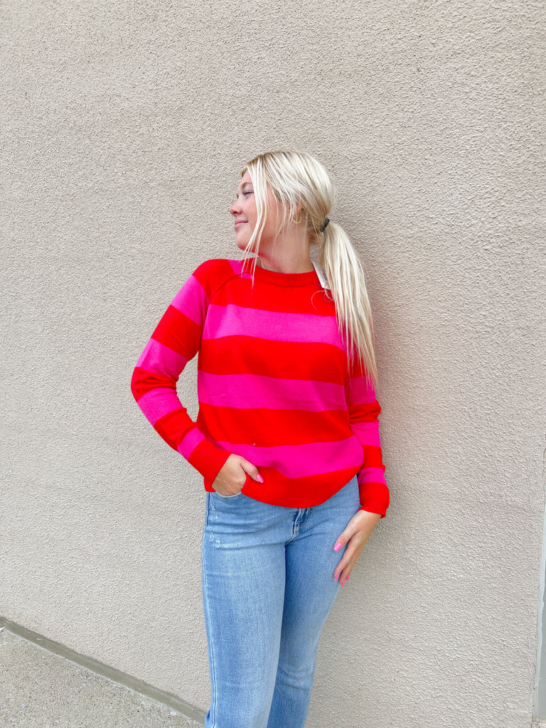 Pink/Red Striped Raw Hem Sweater Clothing THML   
