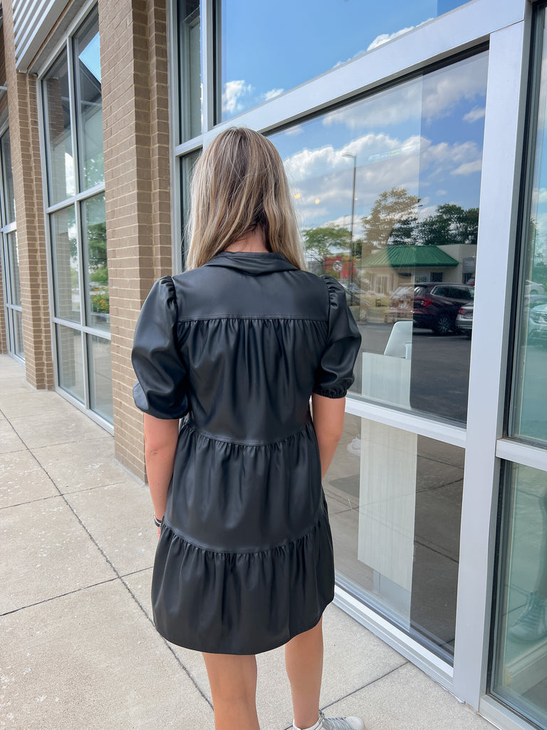 Black Button Down Puff Slv Pleather Dress Clothing RD Style   