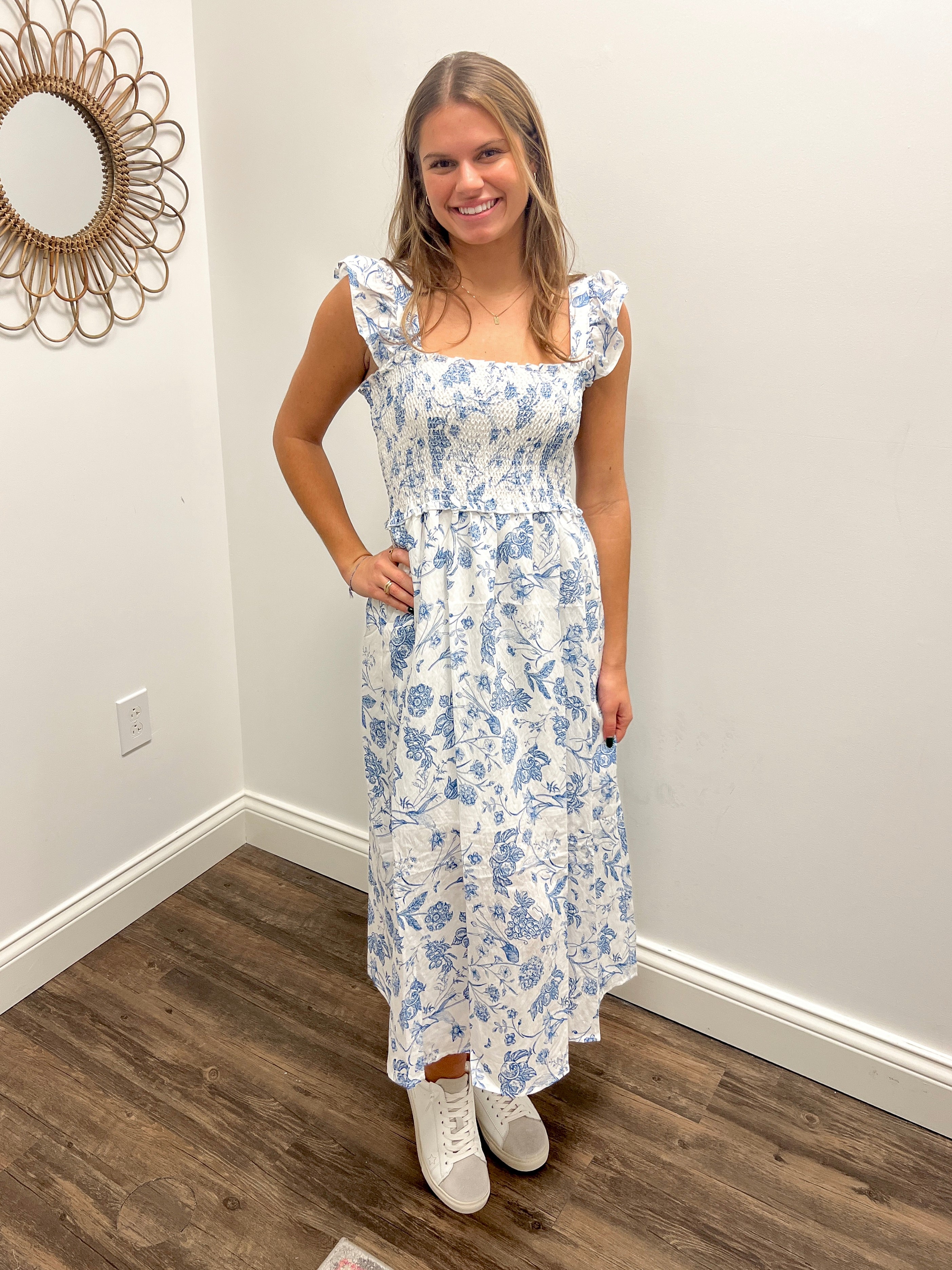 Blue Floral Smocked Midi Dress Blue Floral Smocked Midi Dress