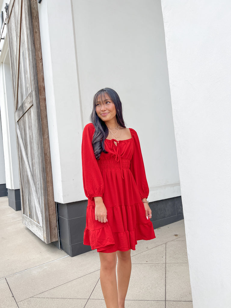 Red 3/4 Slv Tiered Dress Clothing She + Sky   