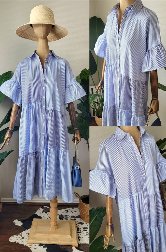 Blue Striped Button Down Dress Clothing Affection Apparel   