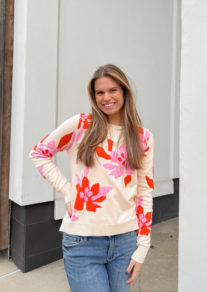 Floral/ Cream Floral Print Sweater Clothing THML   