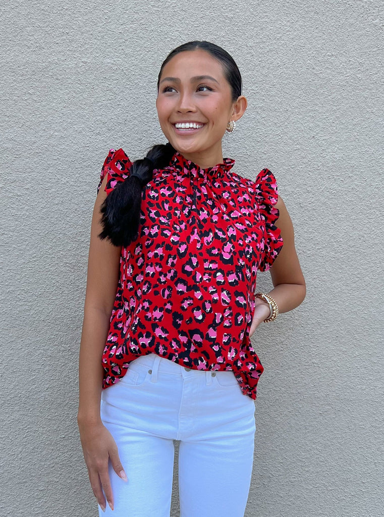 Pink/Red Leopard Print Ruffle sleeve Top Clothing THML   