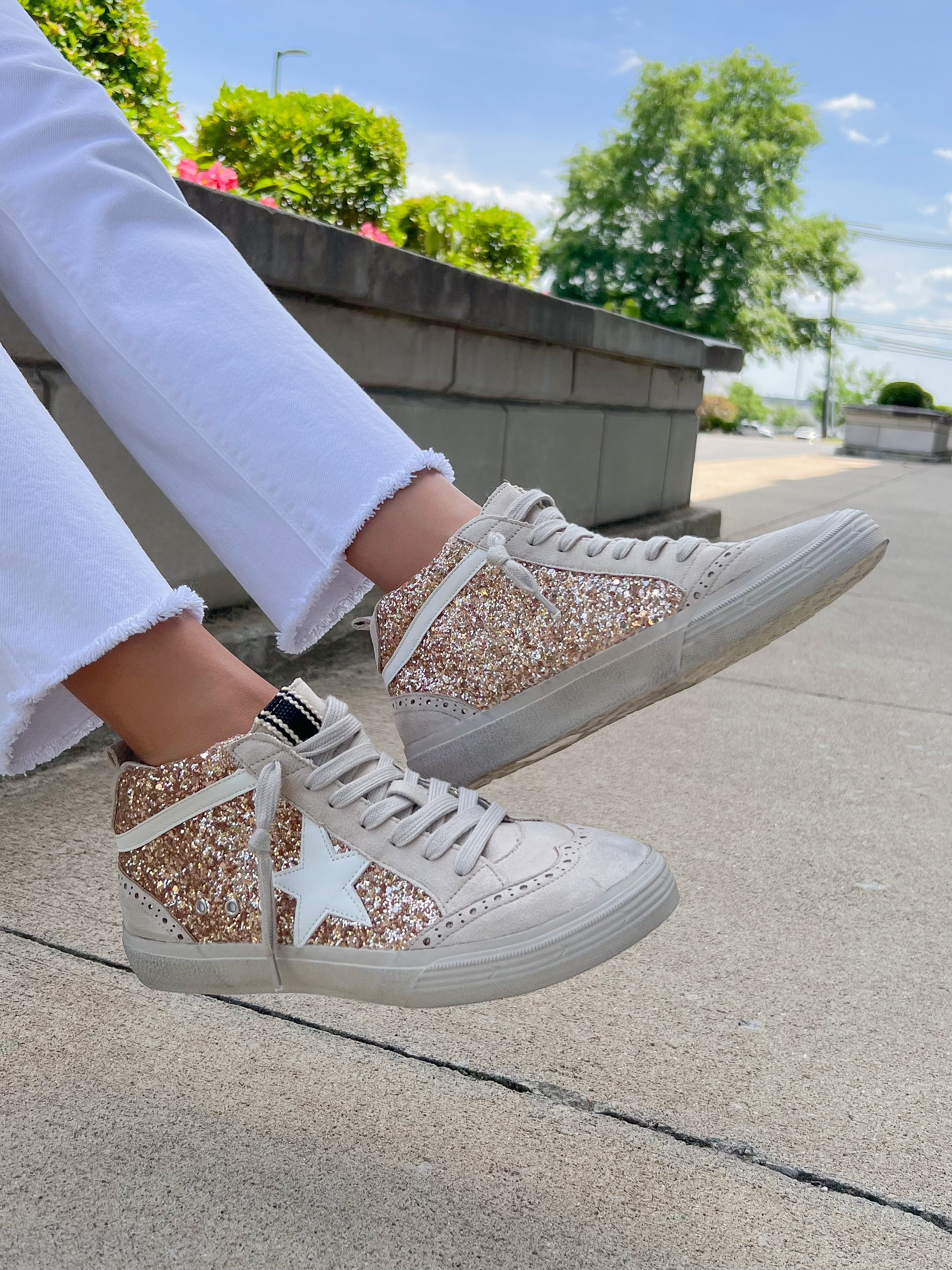 Rina Rose Gold Glitter High Sneaker – Peacocks Pearls Lexington