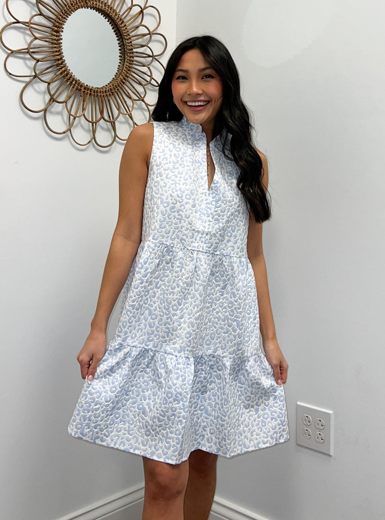 Blue/ White Slvless Cheetah Dress Clothing THML   