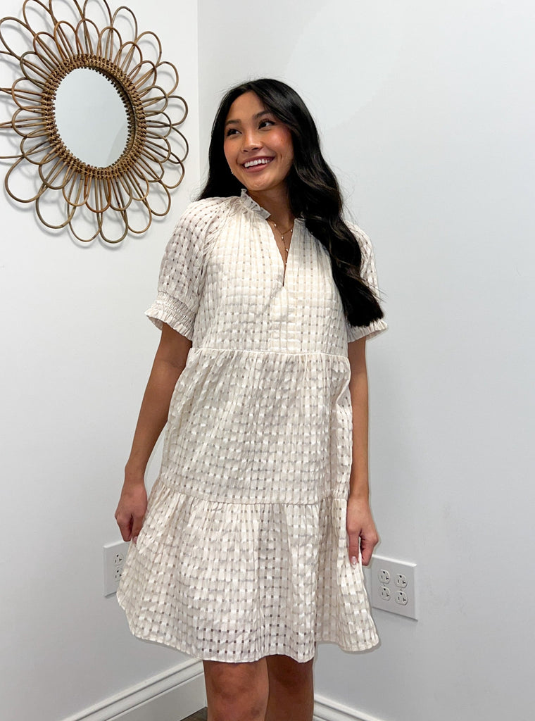 Cream Tiered Textured Check Dress Clothing THML   