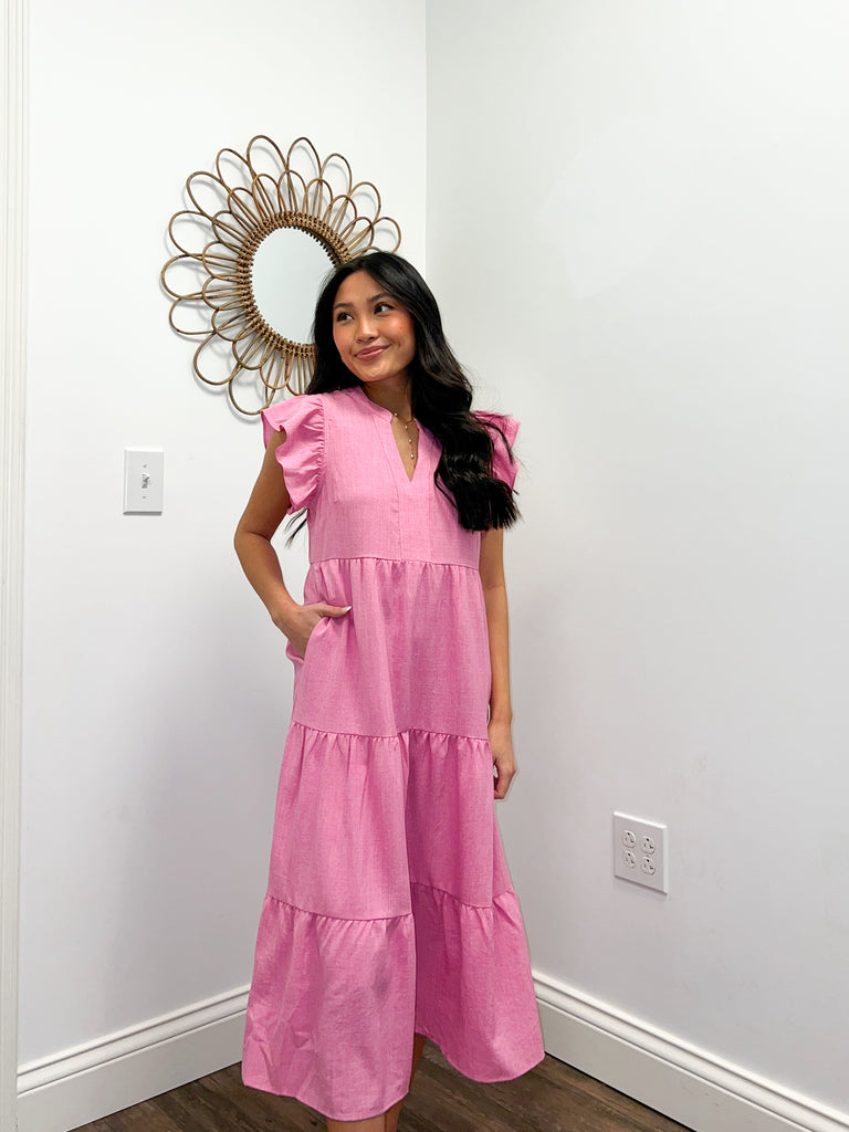 Pink Flutter Slv Tiered Midi Dress Clothing THML   