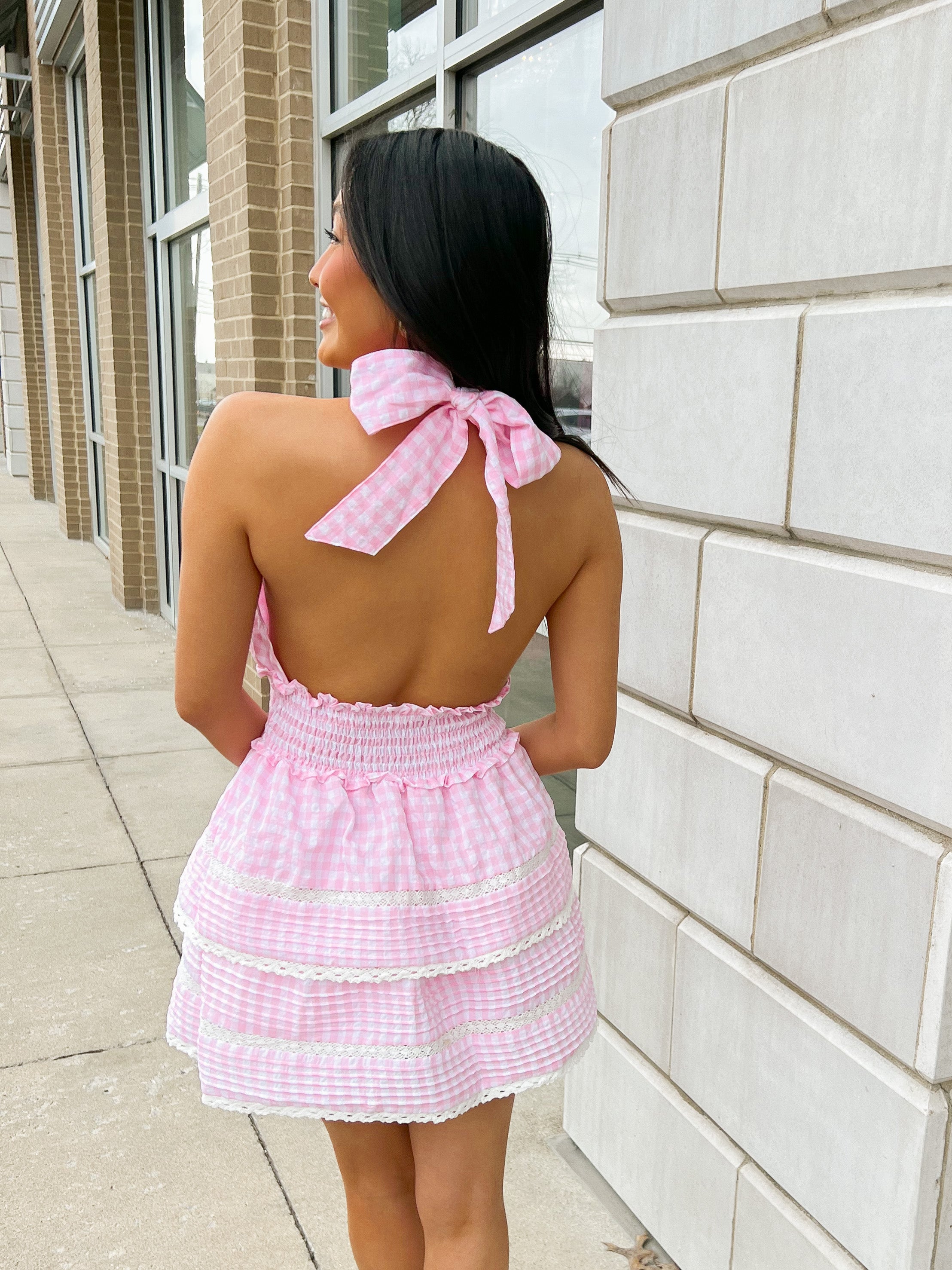 Gingham Cross Neck Halter Dress Peacocks & Pearls Lexington Gingham Cross Neck Halter Dress Peacocks & Pearls Lexington