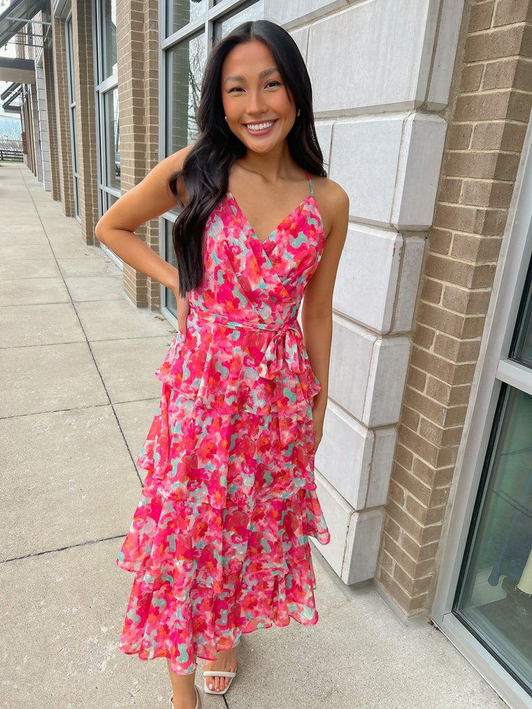 Pink Floral Tiered Maxi Dress Clothing Adelyn Rae   