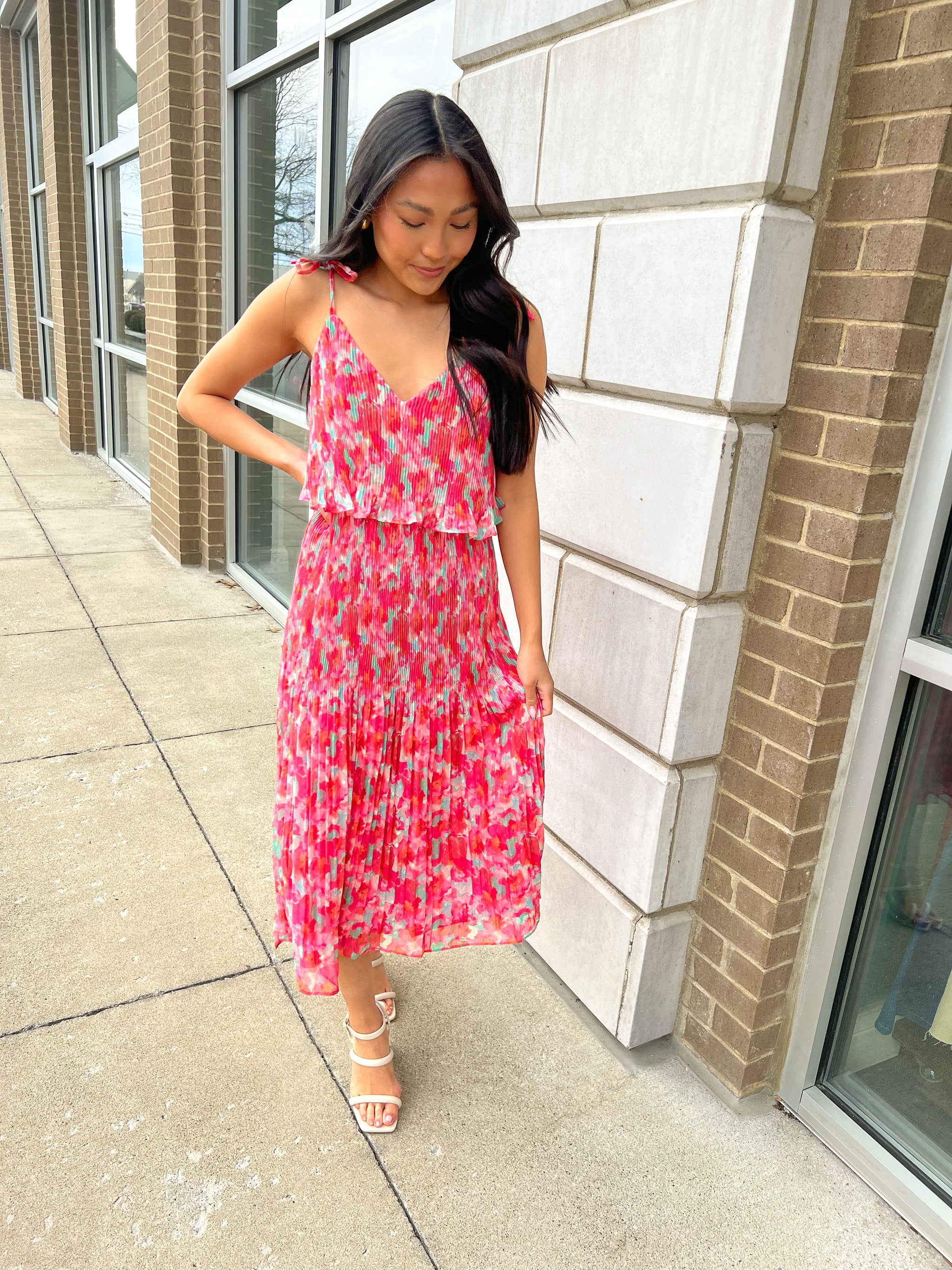 pink pleated midi dress Pink Floral Pleated Midi Dress – Peacocks & Pearls Lexington