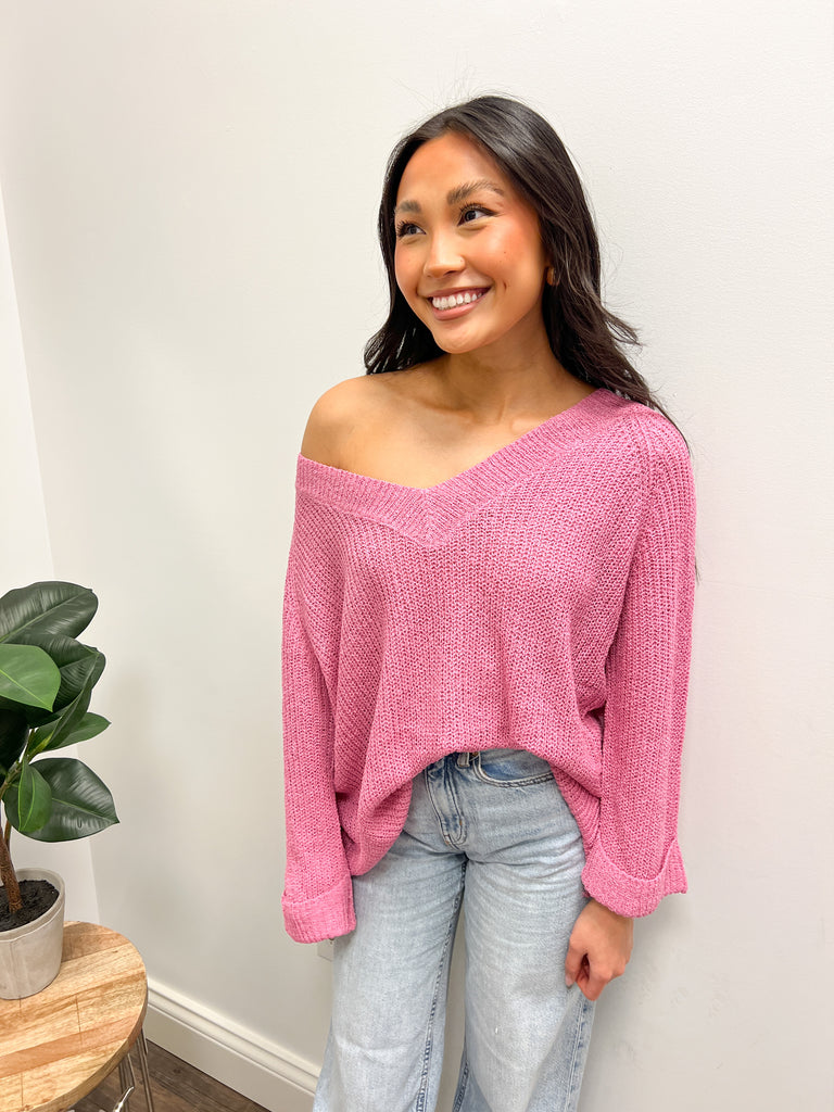 Pink Light V Neck Hi-Lo Sweater Clothing KLD   