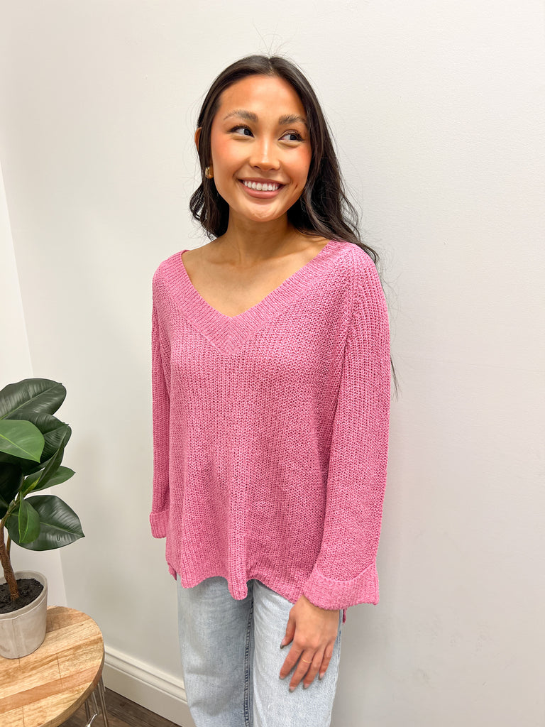 Pink Light V Neck Hi-Lo Sweater Clothing KLD   