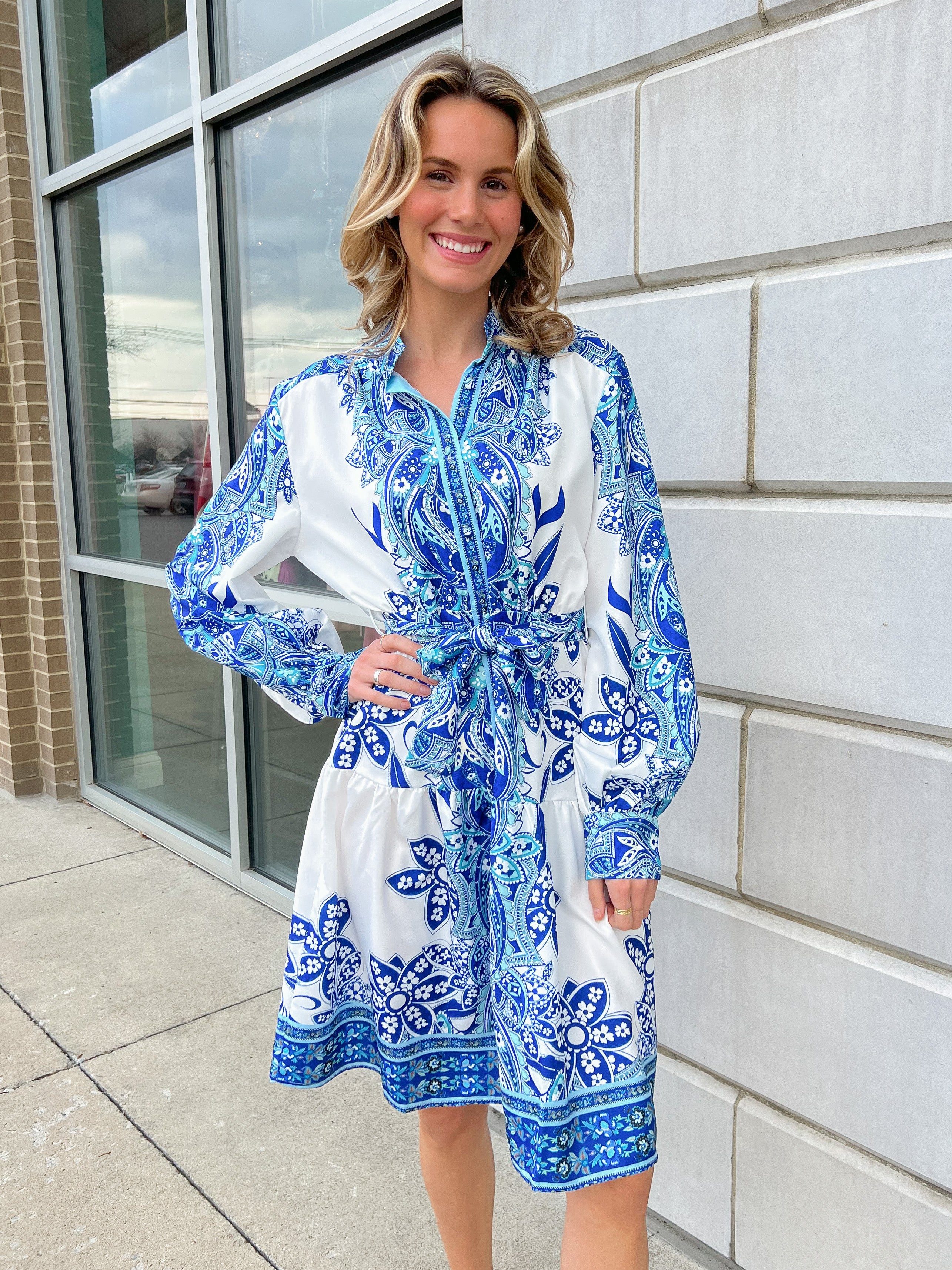 Blue/ White Paisley Button Down Tie Dress Peacocks & Pearls Lexington Blue/ White Paisley Button Down Tie Dress Peacocks & Pearls Lexington