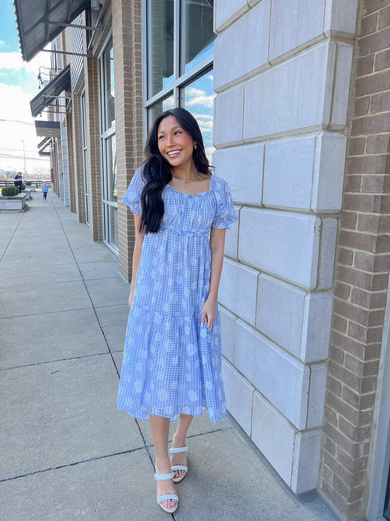 Blue Floral Texture Gingham Midi Dress Clothing August Apparel   