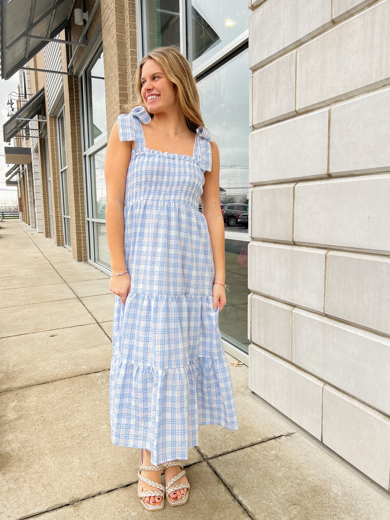 Blue Plaid Tiered Maxi Dress