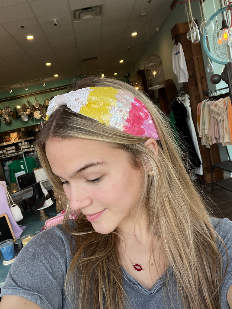 Hand Beaded Headband Accessory Treasure Jewels Pink/Yellow Sequin Knot  