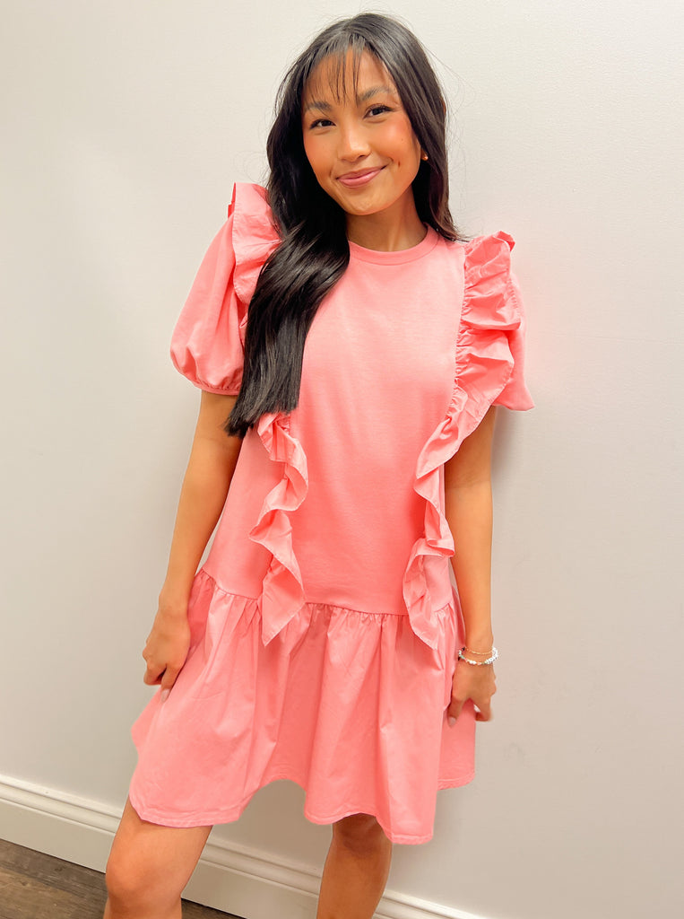 Ruffle Short Sleeve Dress Clothing August Apparel Pink XS 