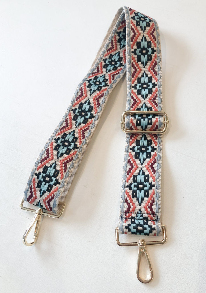 Embroidered Aztec Mix & Match Strap Accessory Ahdorned Lt. Blue/Coral/Black - Gold Metal  