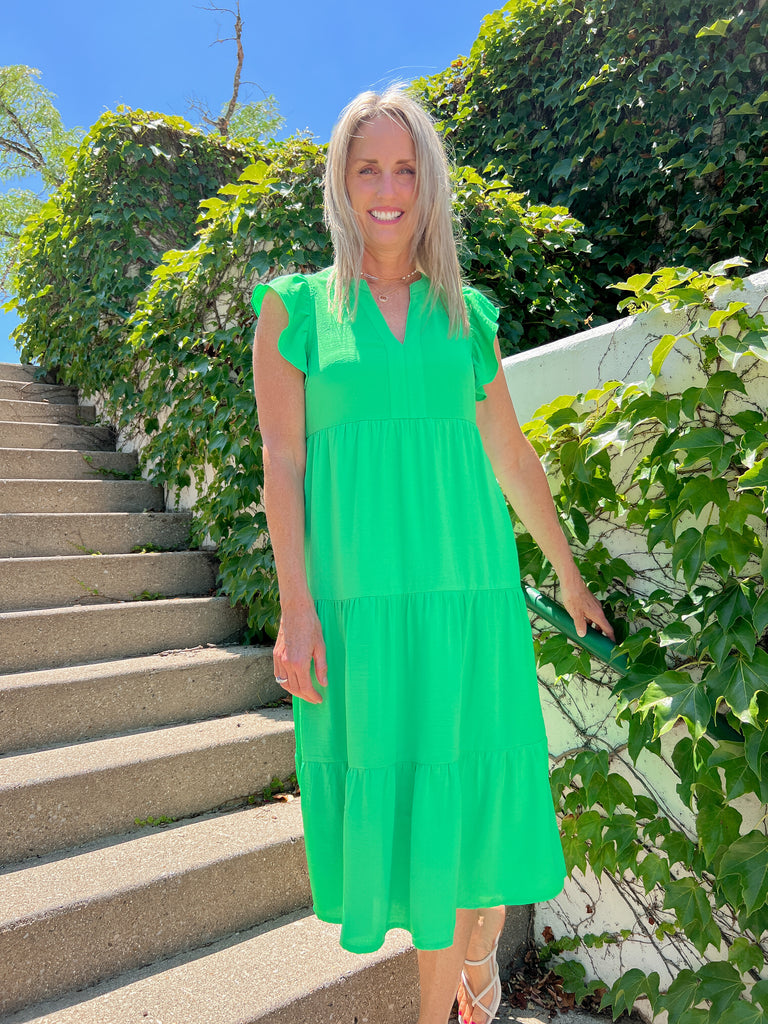 sequin flutter tiered midi dress Sl Fashions Women's Sequined Blouson Midi Dress - Sage Green