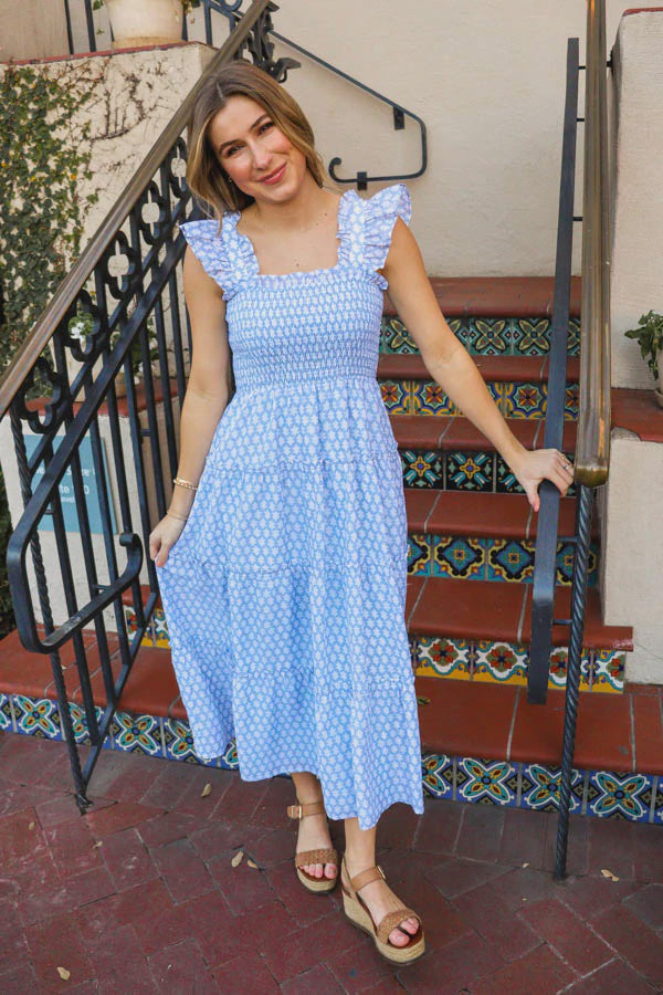 Lt. Blue/White Print Ruffle Strap Smocked Midi Dress