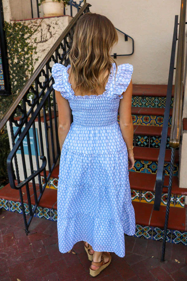 Lt. Blue/White Print Ruffle Strap Smocked Midi Dress Peacocks & Pearls Lexington Lt. Blue/White Print Ruffle Strap Smocked Midi Dress Peacocks & Pearls Lexington