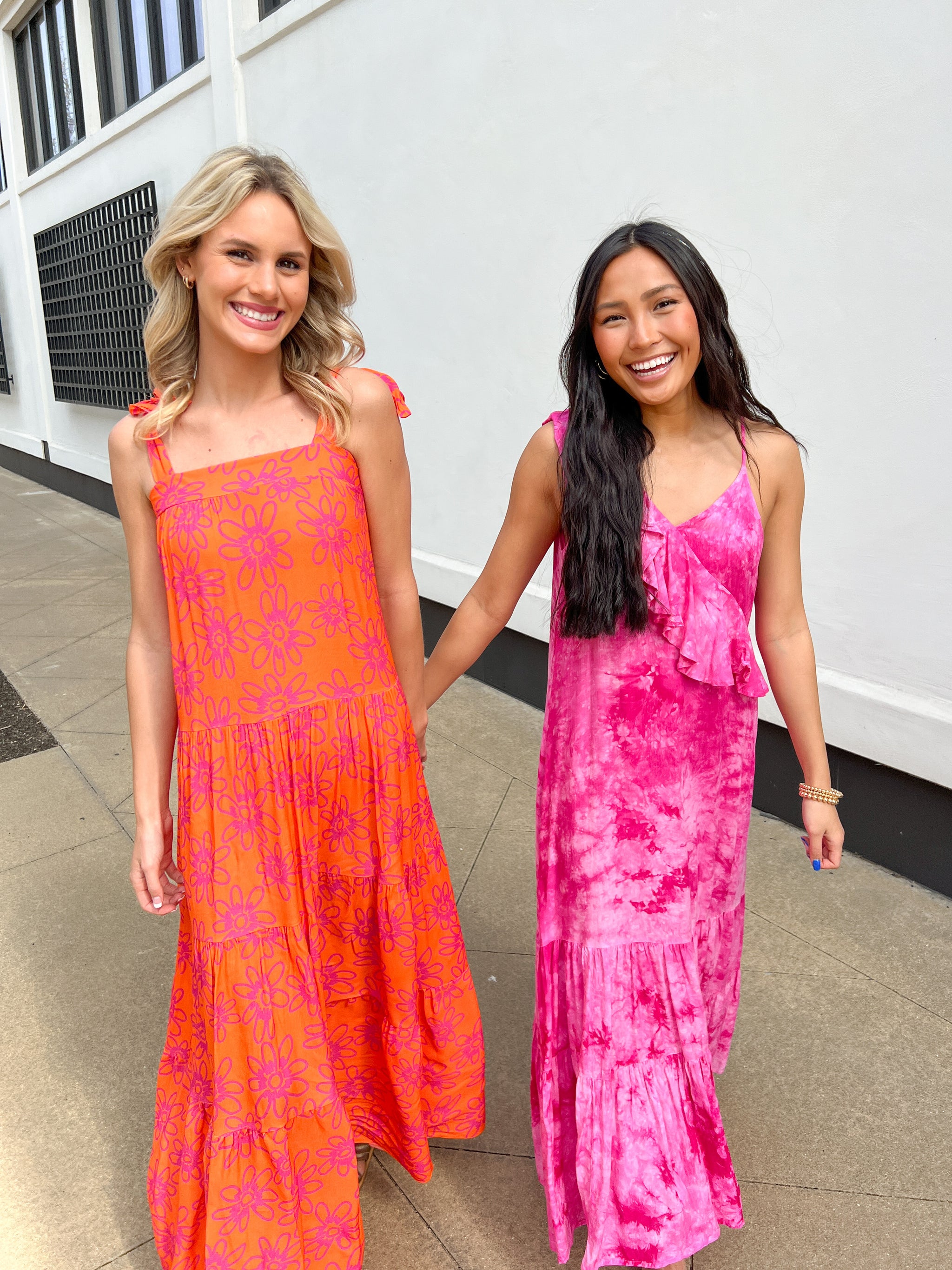 bleeker tie maxi dress Orange/Pink Floral Tie Strap Tiered Maxi Dress – Peacocks & Pearls Lexington