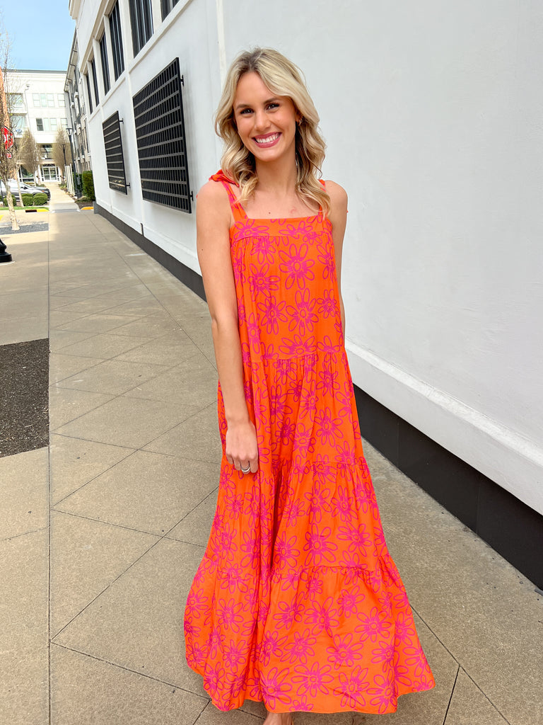 Orange/Pink Floral Tie Strap Tiered Maxi Dress Clothing Frnch   