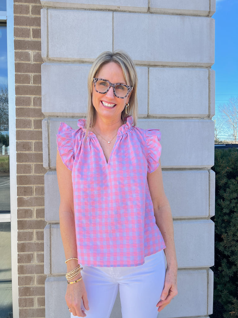 Purple/Pnk Checked Ruffle Slv Top Clothing Olivaceous   