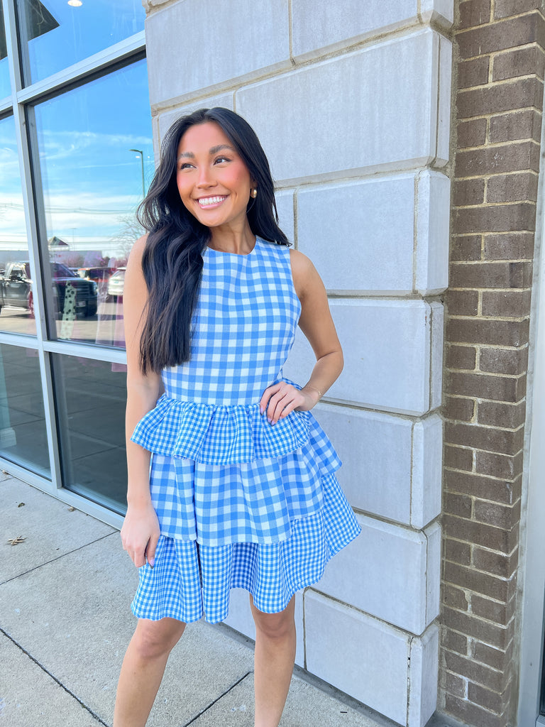 Blue/ Gingham Ruffle Tiered Dress Clothing August Apparel   
