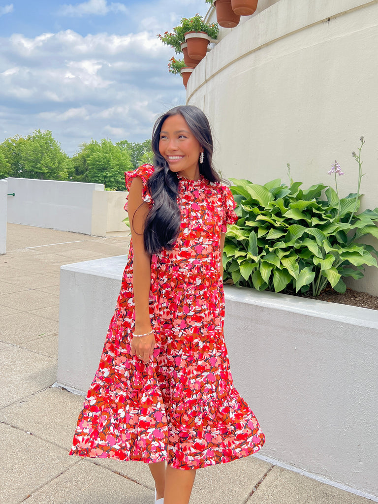 Red/Pink High Neck Tiered Midi Dress Clothing Pinch   