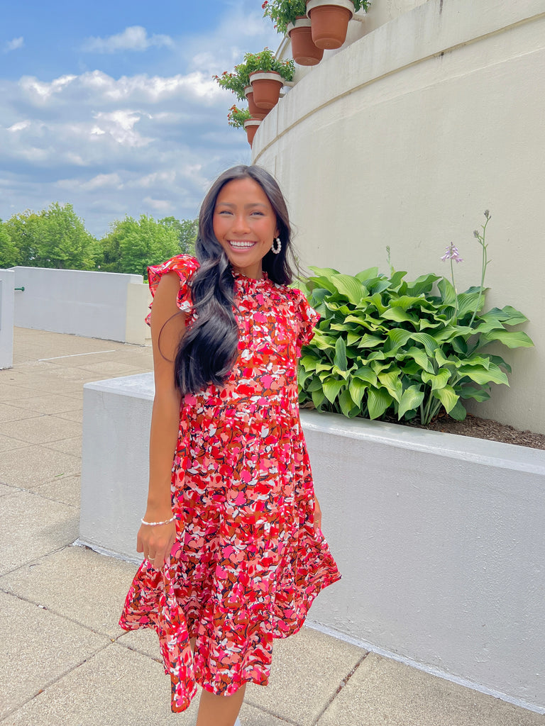 Red/Pink High Neck Tiered Midi Dress Clothing Pinch   